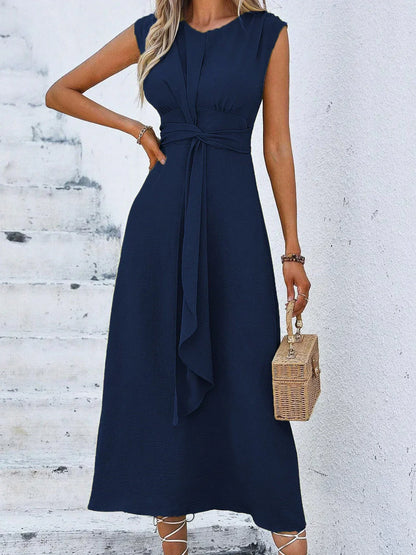Damen Midi Kleid Mit Drapierter Taille Ärmellos
