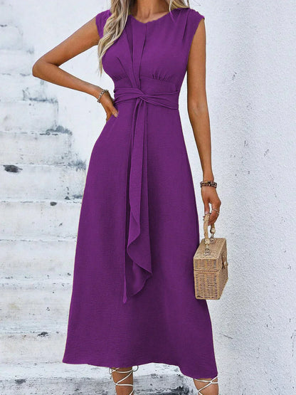 Damen Midi Kleid Mit Drapierter Taille Ärmellos