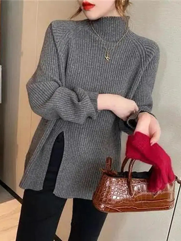 Damen Strickpullover mit Rollkragen und Knopf-Schlitz-Detail