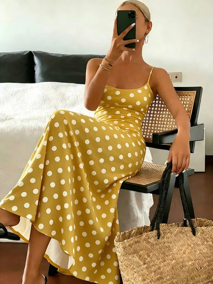 Ärmelloses, tailliertes Midi-Kleid aus Polyester mit Polka-Dots