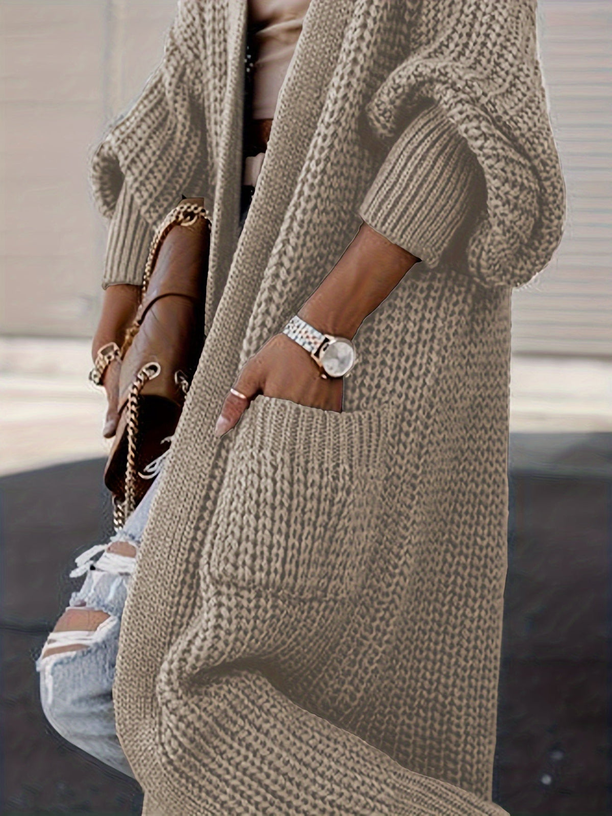 Damen Maxi Cardigan Mit Langen Ärmeln