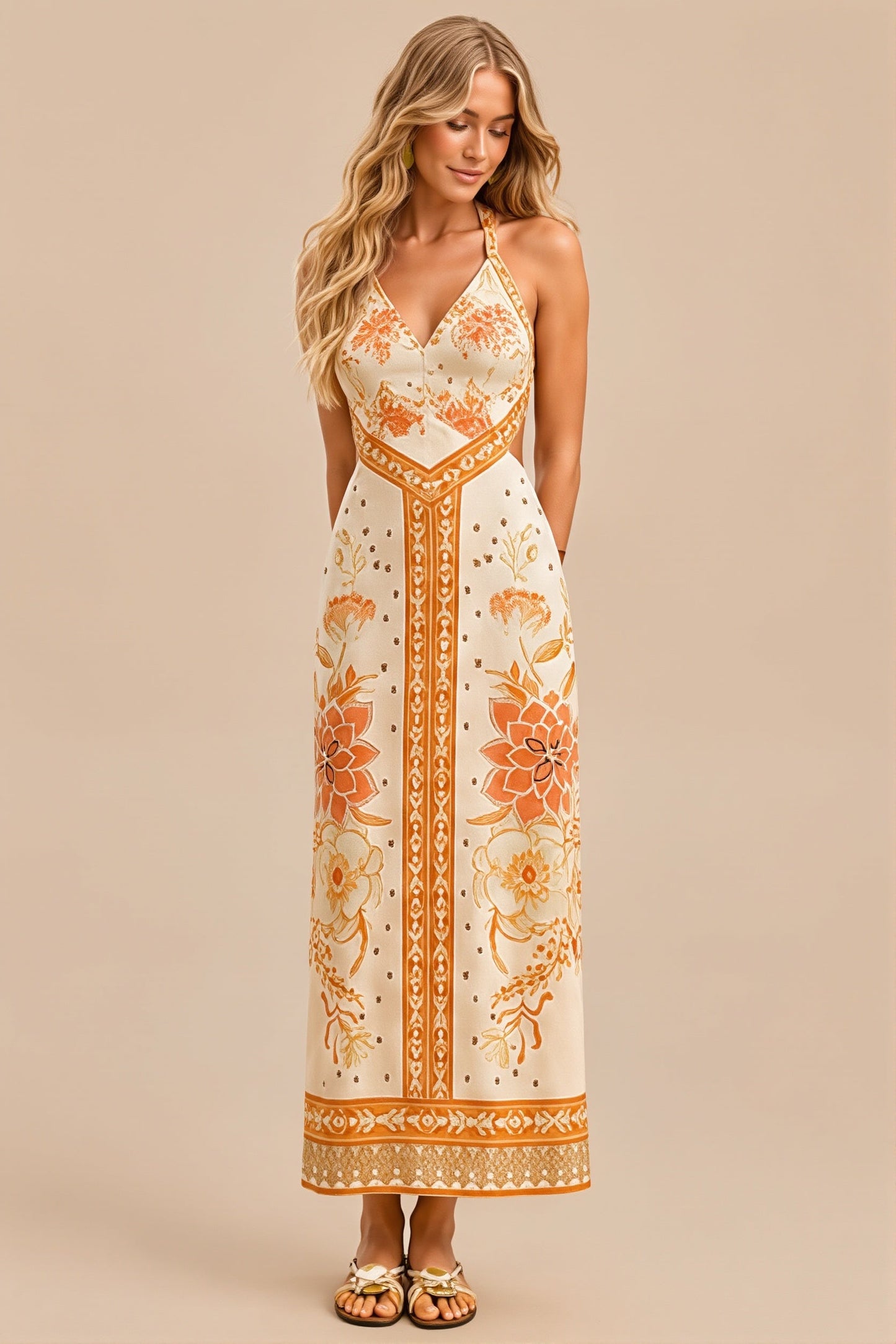 Damen Midikleid mit Blumenprint und Neckholder in fliessender Passform