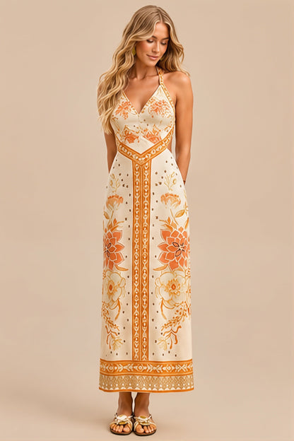 Damen Midikleid mit Blumenprint und Neckholder in fliessender Passform