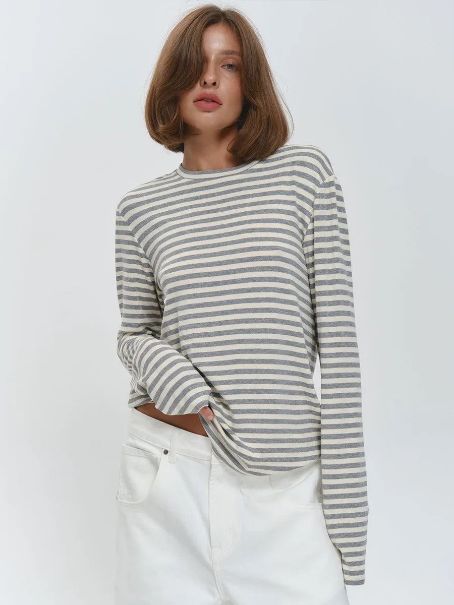 Damen Langarm-T-Shirt aus Baumwolle mit Streifenmuster