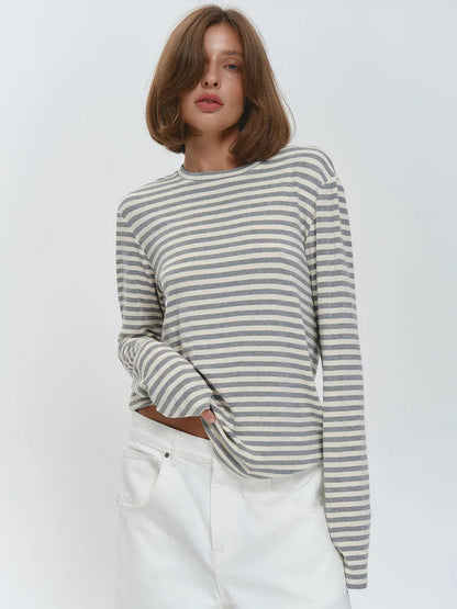 Damen Langarm-T-Shirt aus Baumwolle mit Streifenmuster