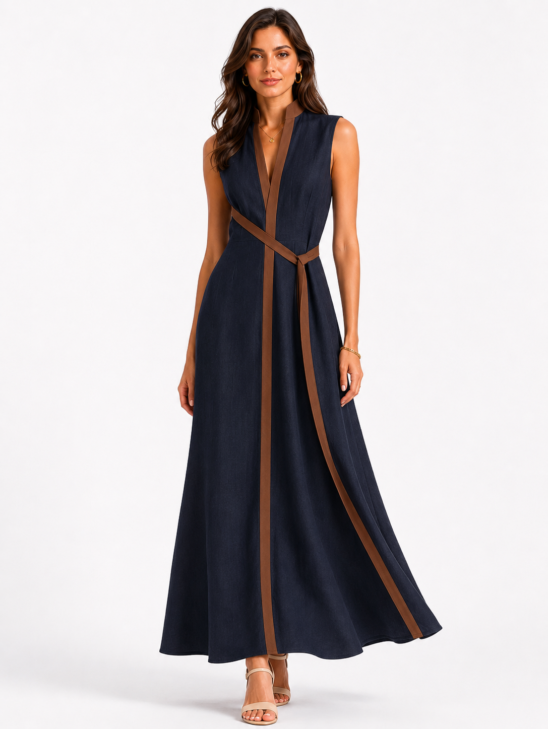 Damen Ärmelloses Lockeres Midi-Kleid mit Stehkragen
