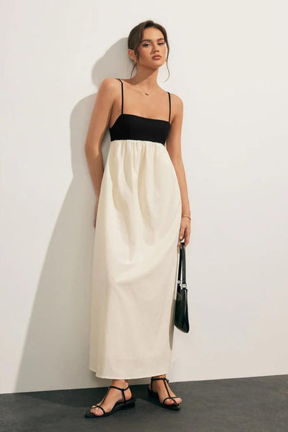 Midi-Kleid aus Leinen-Baumwoll-Mischung, locker geschnitten, schwarz-weiß