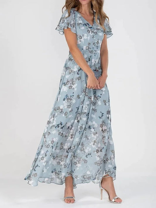 Maxi-Sommerkleid für Damen mit Schmetterlingsärmeln und Blumenmuster