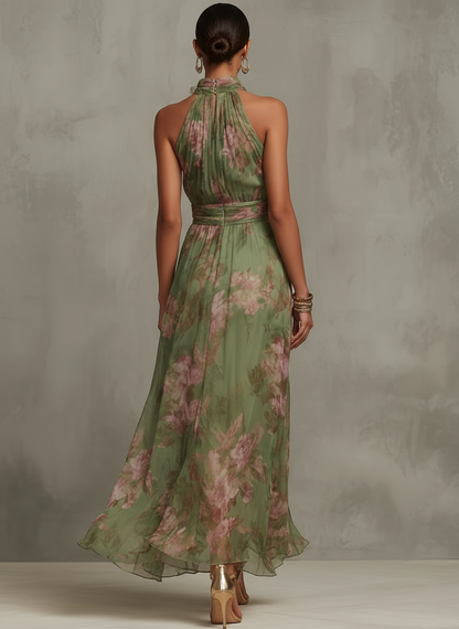 Grünes Blumenmuster Chiffon Maxikleid mit Neckholder