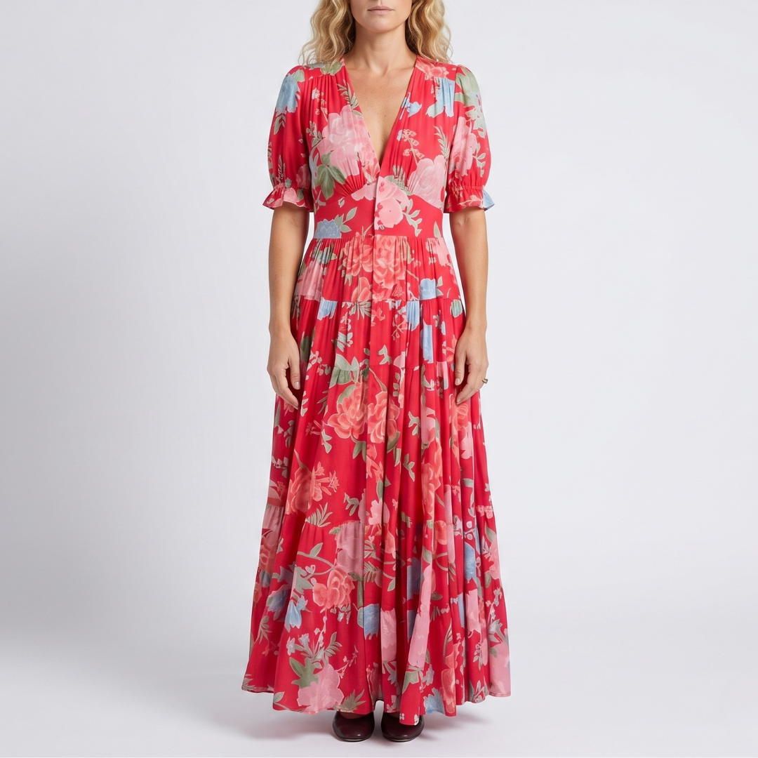 Elegantes Blumen-V-Ausschnitt-Kleid