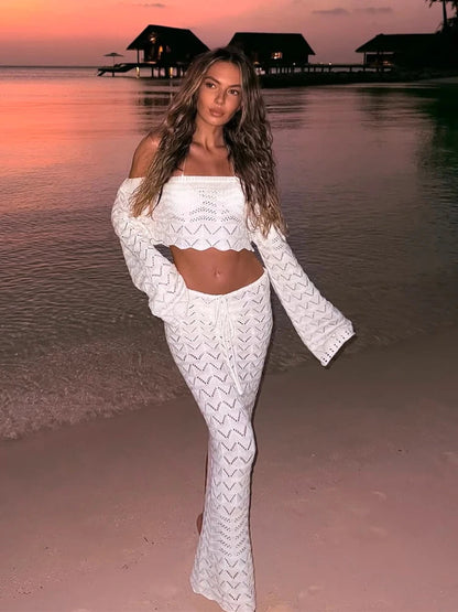 Häkelstrick Schulterfreies Crop-Top und Maxirock Set