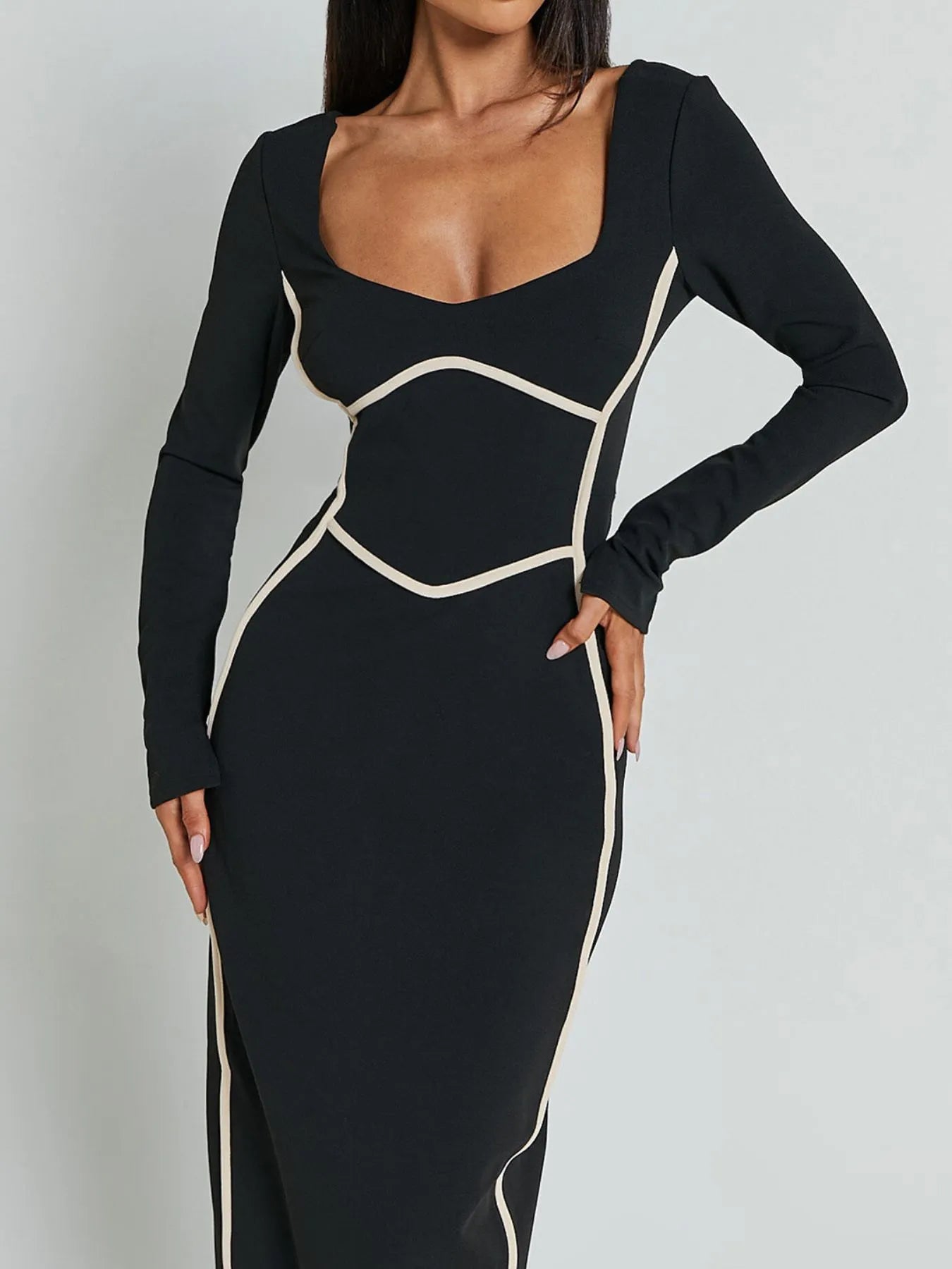 Kontrastbesatz Langarm Bodycon Maxikleid