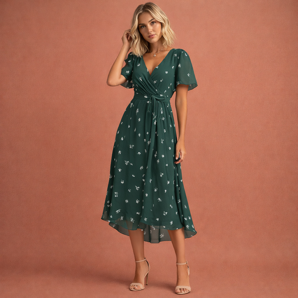 Midikleid mit Blumenmuster und kurzen Ärmeln für Damen