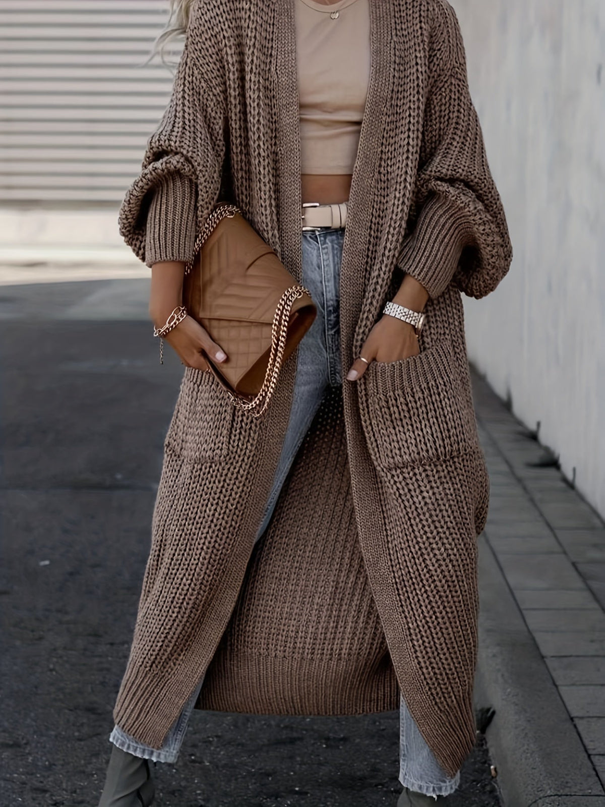 Damen Maxi Cardigan Mit Langen Ärmeln