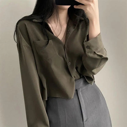 Damenlockere Baumwollbluse Ein-Knopf