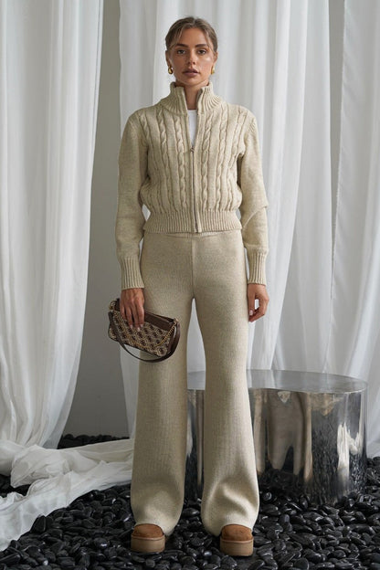 Damen Strickset Mit Zopfmuster Und Reissverschluss