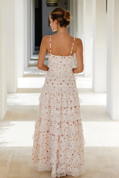 Damen Maxikleid mit Print, Volants und Häkelspitze, Rückenansicht