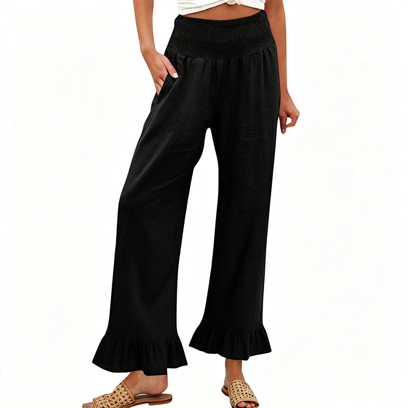 Boho Hosen mit weitem Bein und Rüschen am Saum