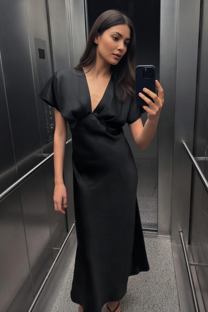 Satin Halbarm Midi Kleid Schwarz