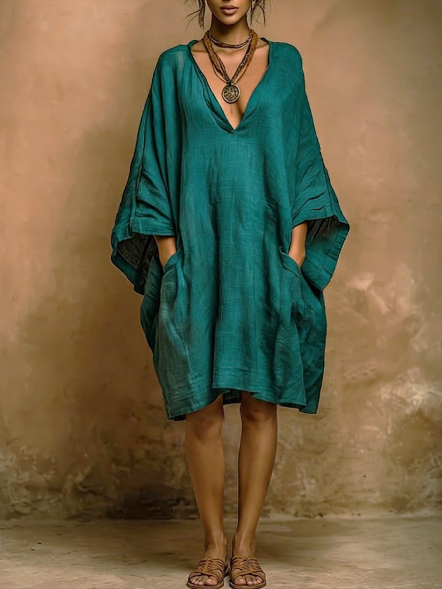 Locker sitzendes Midi-Kleid mit V-Ausschnitt für Damen