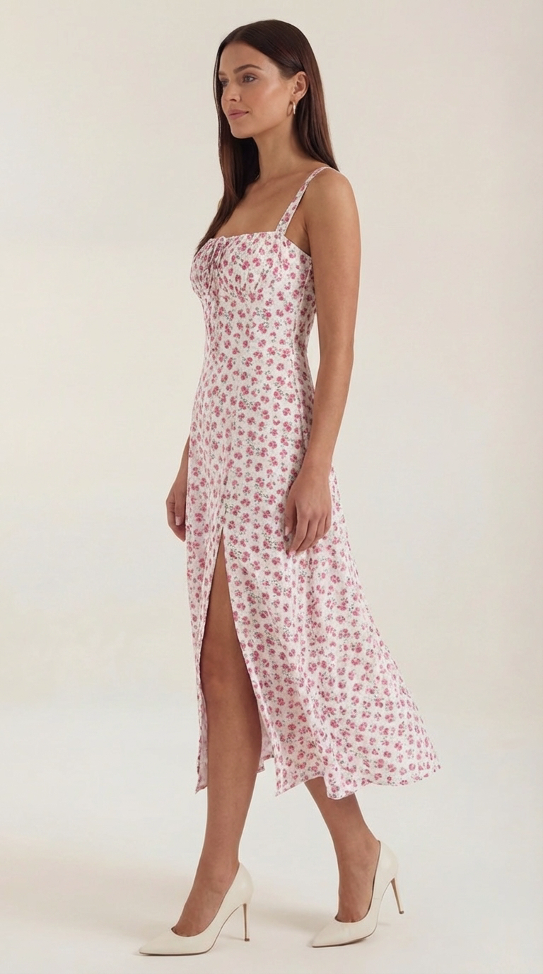 Damen Midikleid mit Blumenmuster Hochzeitsgastkleid