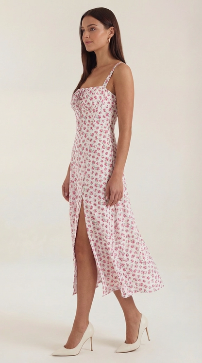 Damen Midikleid mit Blumenmuster Hochzeitsgastkleid