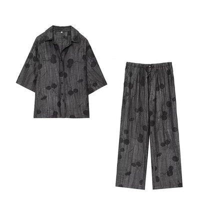 Damen Jacquard Zweiteiler Shirt und Weite-Hosen Set