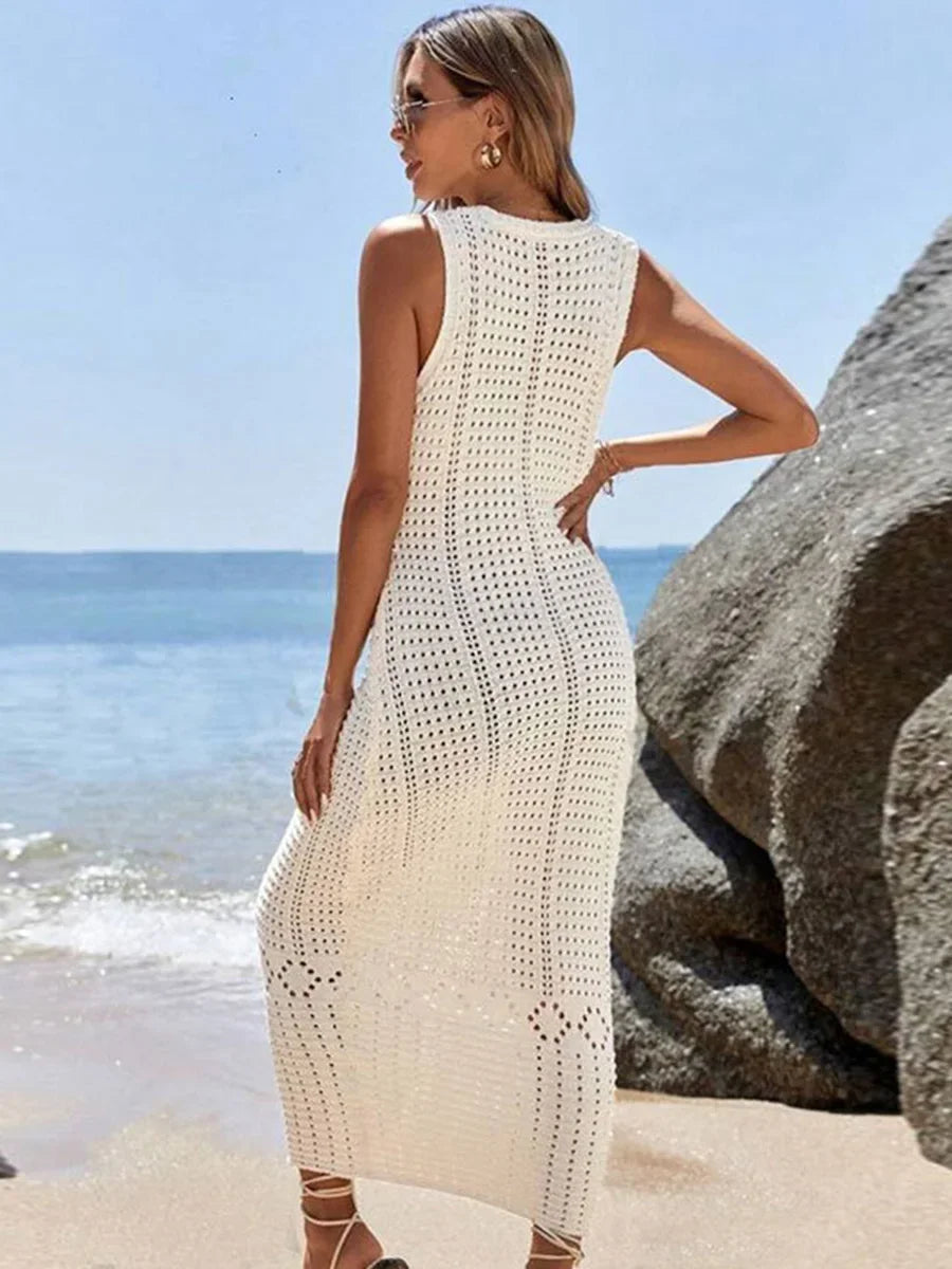 Damen Häkelspitzen V-Ausschnitt Tunika Strandkleid