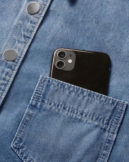 Seitenansicht der Damen Jeansbluse mit Laternenärmeln und Kragen