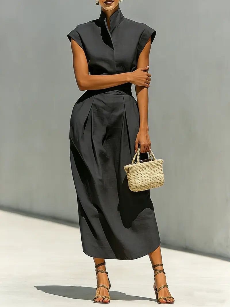 Damen Midikleid Mit Hohem Kragen Und Asymmetrischem Saum