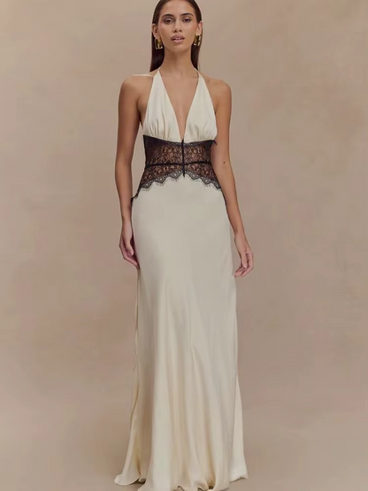 Maxikleid mit Neckholder, Spitzenbesatz und rückenfreiem Design