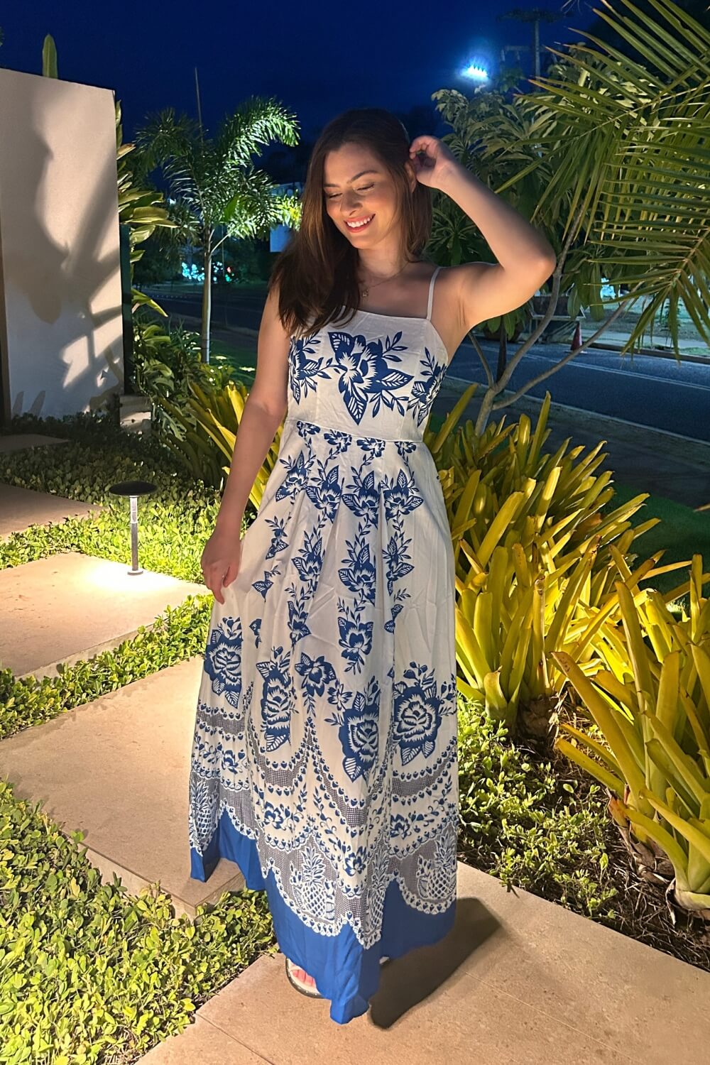 Spaghettiträger Polyester Midi Kleid Blau