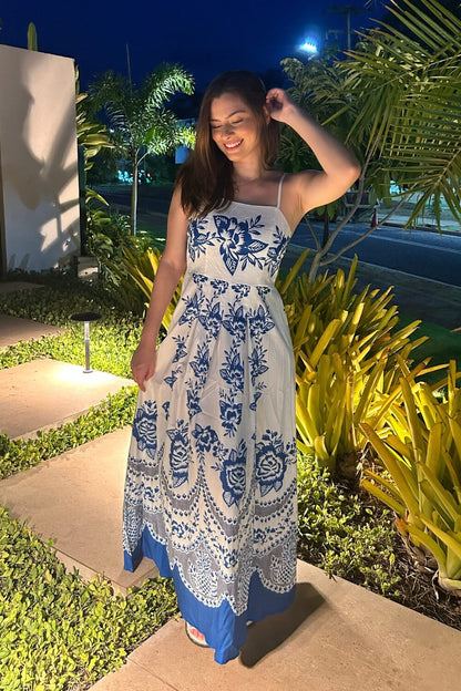 Spaghettiträger Polyester Midi Kleid Blau