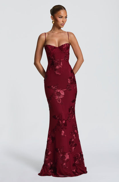 Damen-Maxikleid mit Korsettoberteil und Blumenapplikation in voller Länge