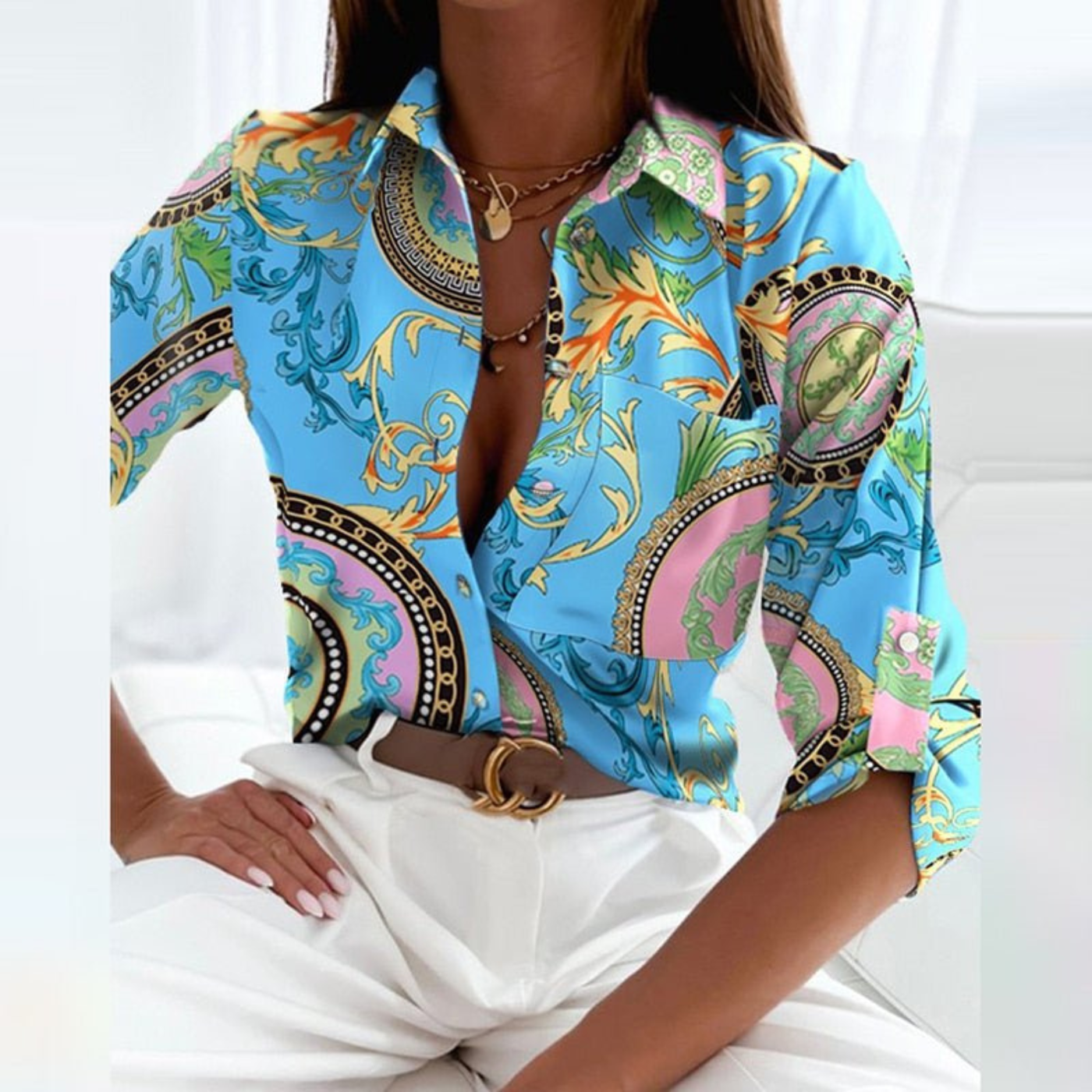 Damenbluse Mit Geometrischem Print Und Knopfleiste