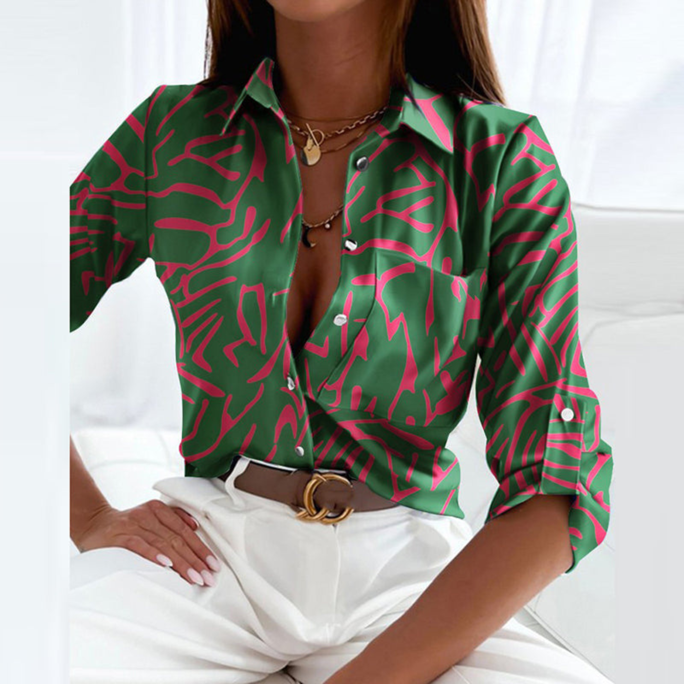 Damenbluse Mit Geometrischem Print Und Knopfleiste