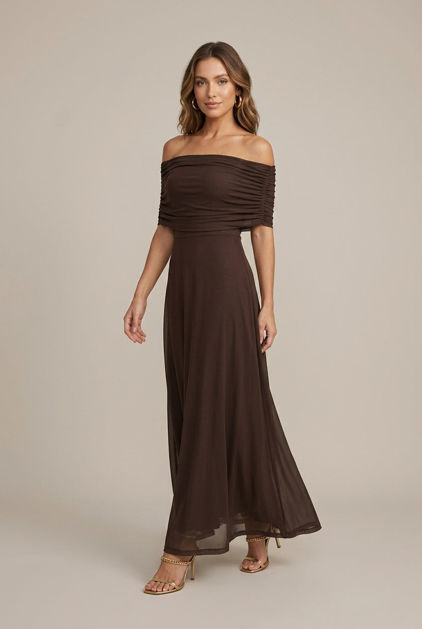 Damen Maxikleid Mit Raffkorsage Und Carmen-Ausschnitt