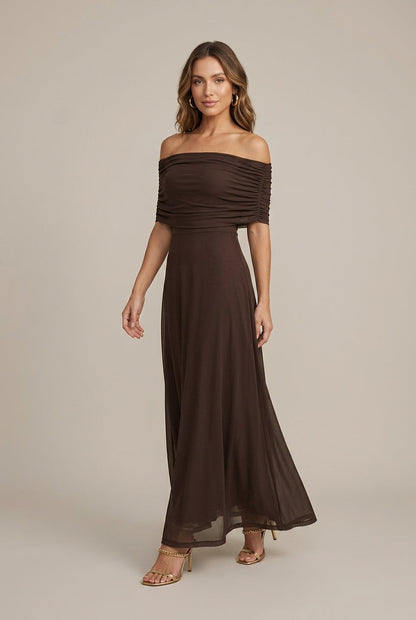 Damen Maxikleid Mit Raffkorsage Und Carmen-Ausschnitt