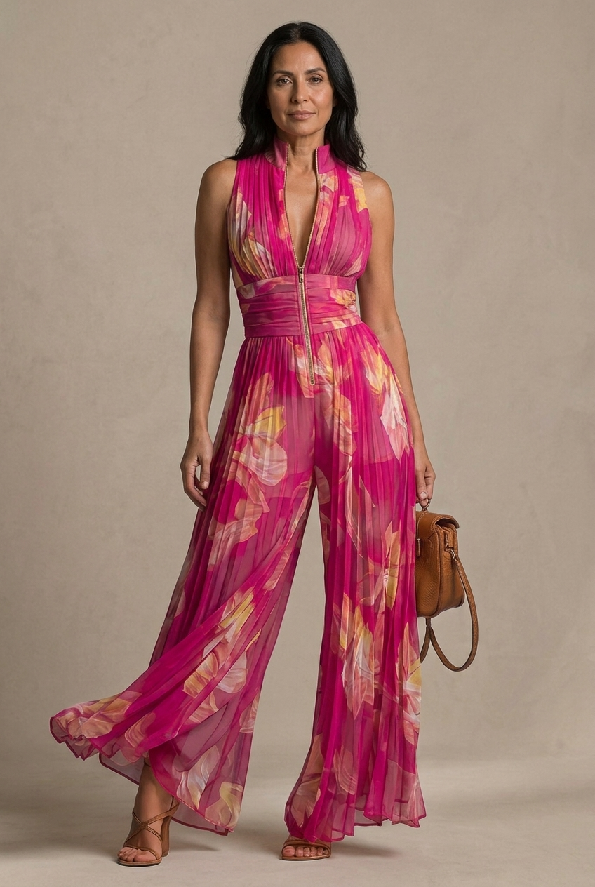 Damen Jumpsuit mit Blumenprint und weitem Bein in Vorderansicht