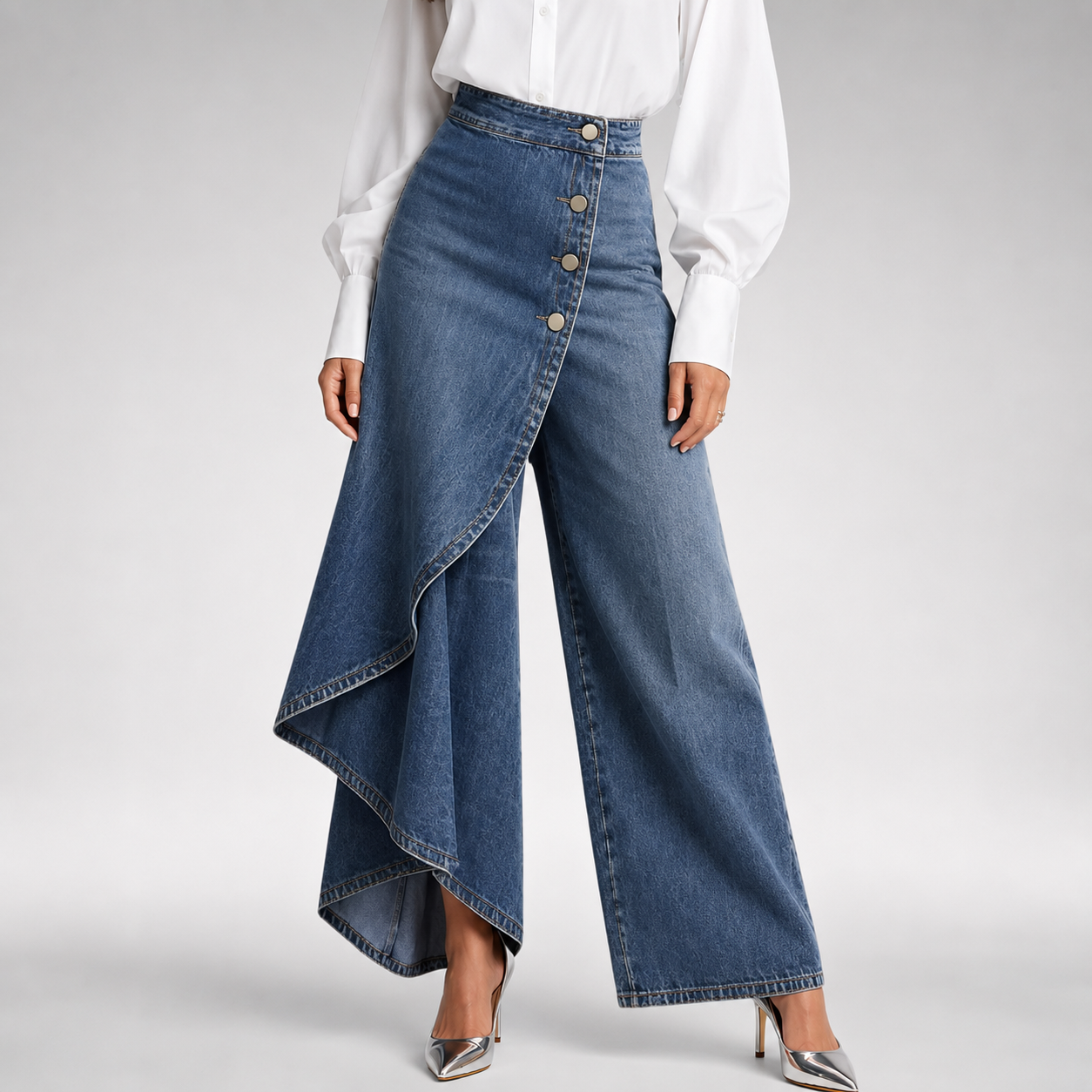 Damen weite Hose mit fliessendem Fall als ganzes Outfit getragen
