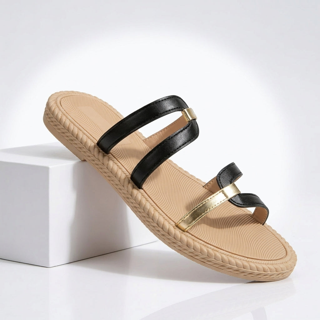 Damen Sandalen mit zwei Riemen, Seitenansicht im Slide Stil