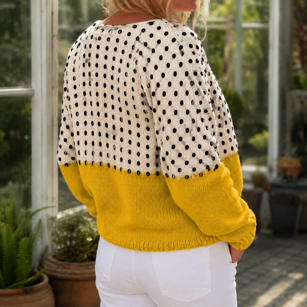 Damen-Strickpullover in Senfgelb mit dekorativem Punktmuster