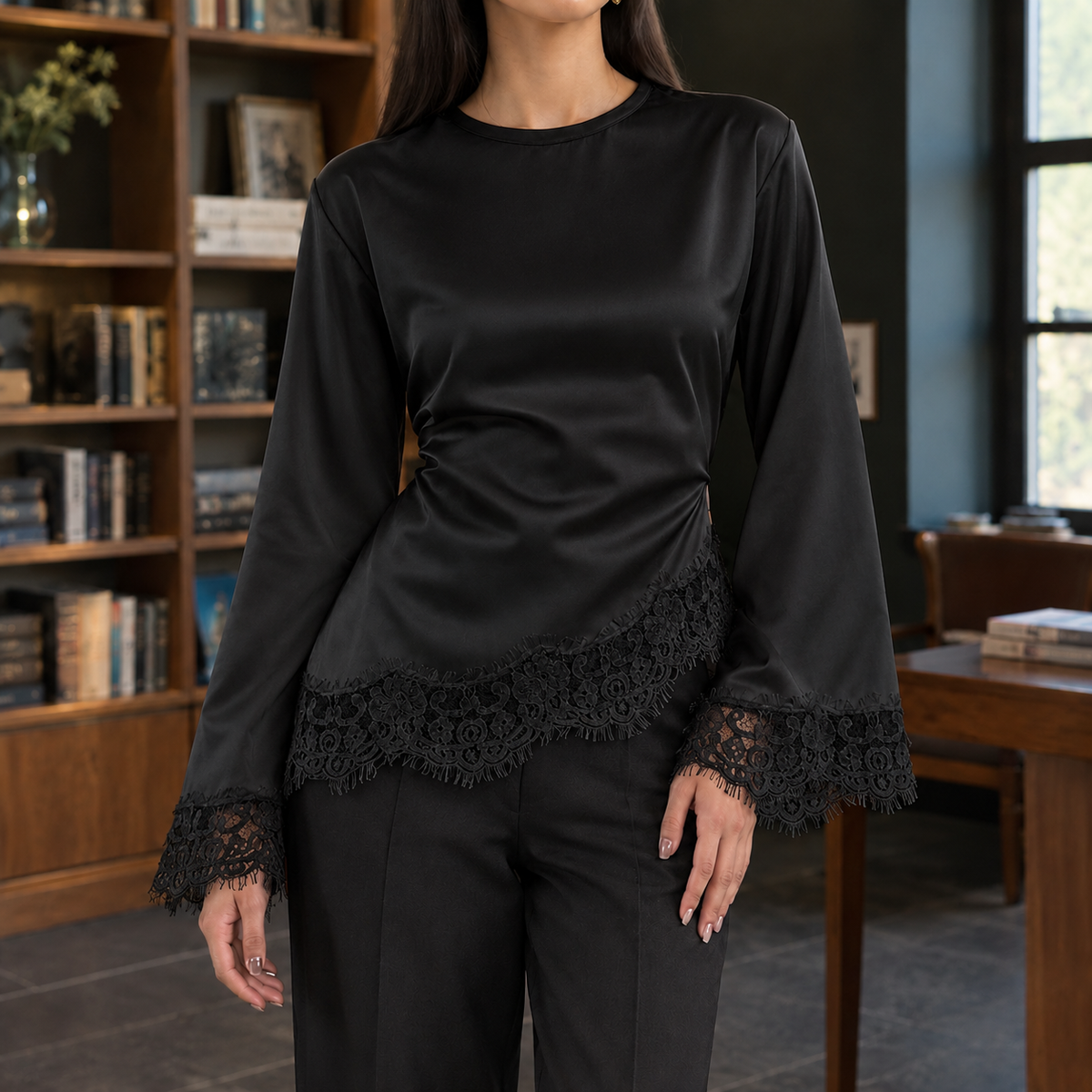 Asymmetrischer Spitzensaum am Damen-Oberteil im Detail