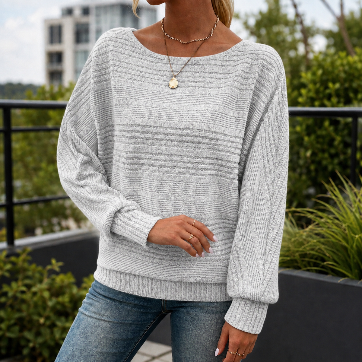 Damen Rippstrickpullover Mit Fledermausärmeln