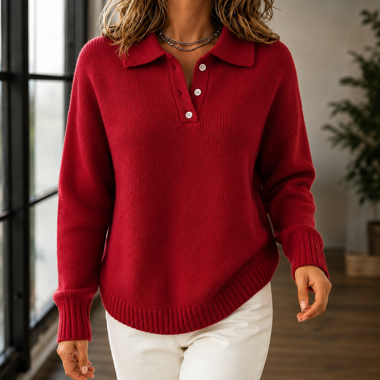Damen Polo Pullover Aus Weichem Strick