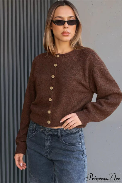 Langarm Strickcardigan für Damen mit Rundhals und durchgehender Knopfleiste