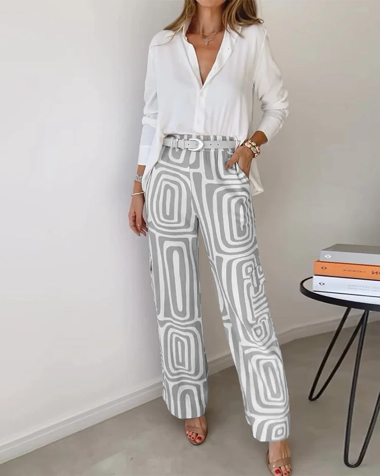 Damen Hosenanzug Mit Hemd Und Wide Leg Hose