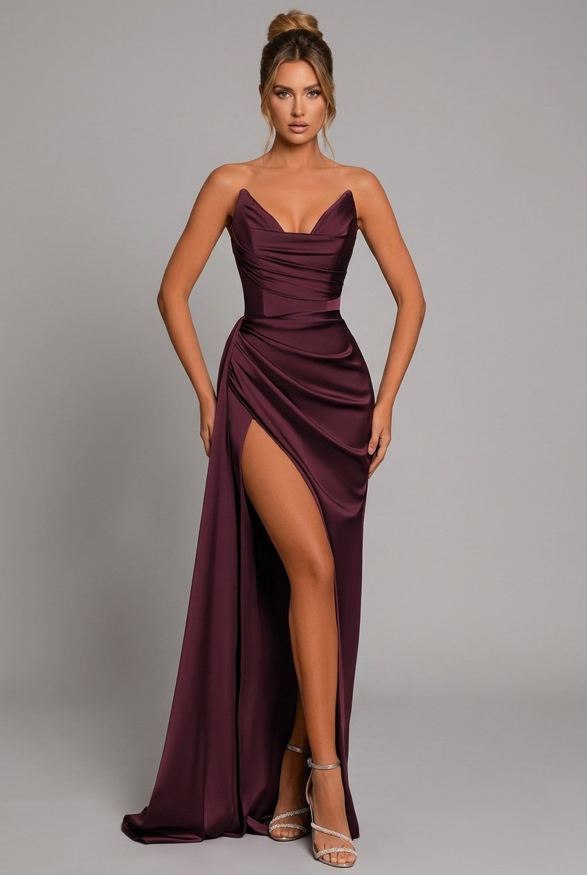 Damen Satin Maxikleid Mit Raffungen Und Schlitz