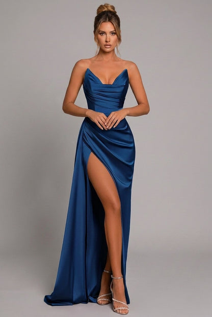 Damen Satin Maxikleid Mit Raffungen Und Schlitz
