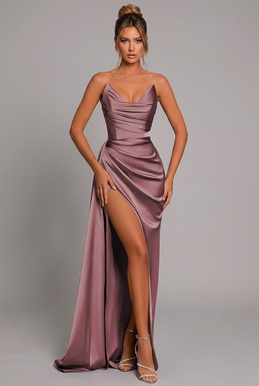 Damen Satin Maxikleid Mit Raffungen Und Schlitz